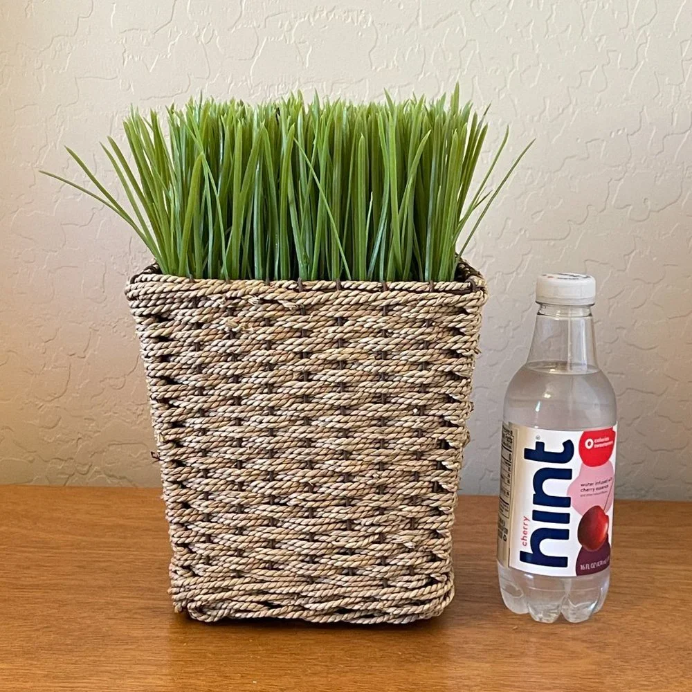 Faux Fake Plant Green Grass Basket Pot in Woven Square Table Top Decor